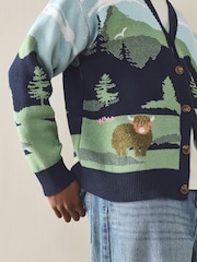 Multi Blue/Green Cotton Blend Hamish Landscape Scene Cardigan - Image 5 of 8