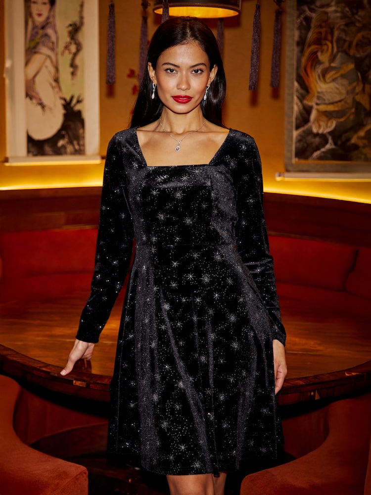 Negro - Yumi Starburst Foil Print Long Sleeve Skater Dress - Imagen 1 de 5