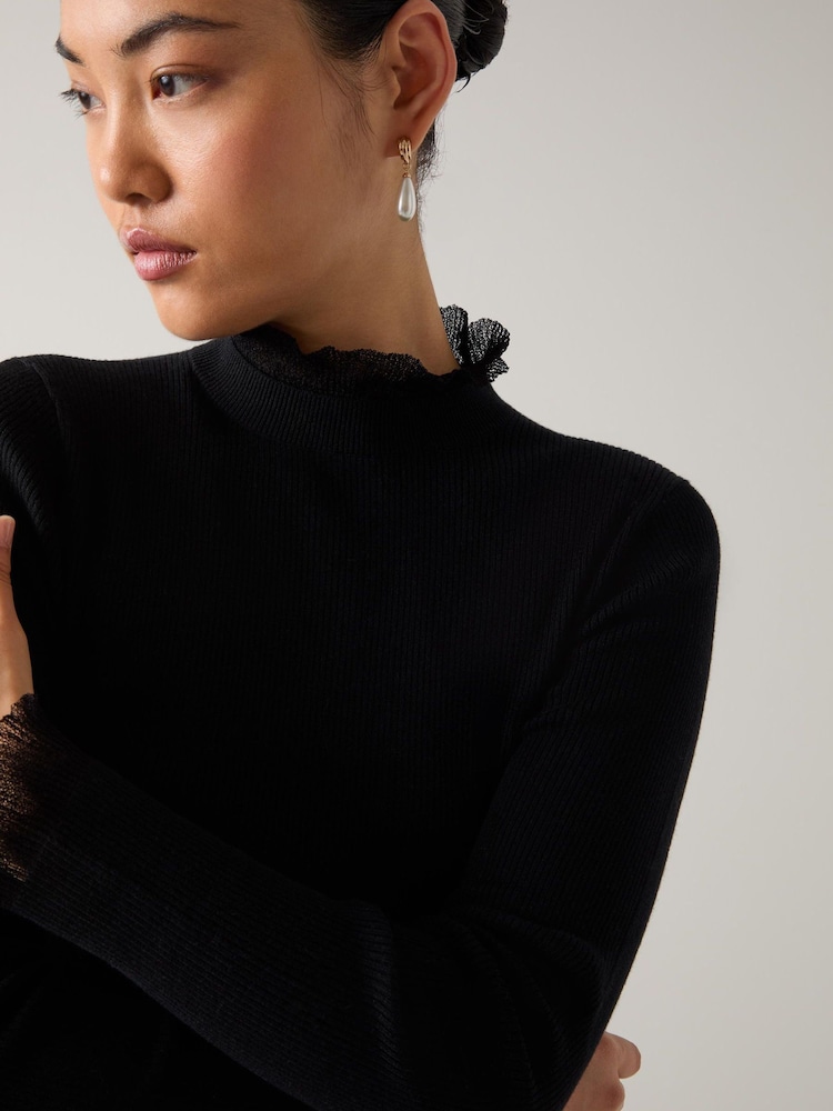 LK Bennett Black Sadie Fine Rib Frill Jumper - Image 3 of 3 LK Bennett Black Sadie Fine Rib Frill Jumper - Image 3 of 3