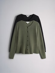 The Set 2 Pack Crew Neck Long Sleeve Buttoned Smart Longline Peplum Cardigan Black/Khaki - Image 2 of 6