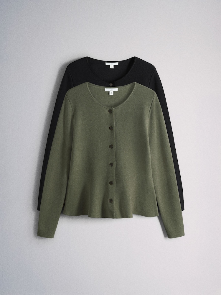 The Set 2 Pack Crew Neck Long Sleeve Buttoned Smart Longline Peplum Cardigan Black/Khaki - Image 2 of 6