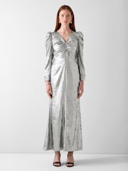 LK Bennett Silver Lilith Foil V-Neck Dress - Image 1 of 4