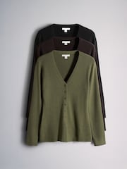The Set 3 Pack V-Neck Buttoned Smart Longline Waisted Knit Cardigans Khaki/Chocolate Brown/Black - Image 3 of 8