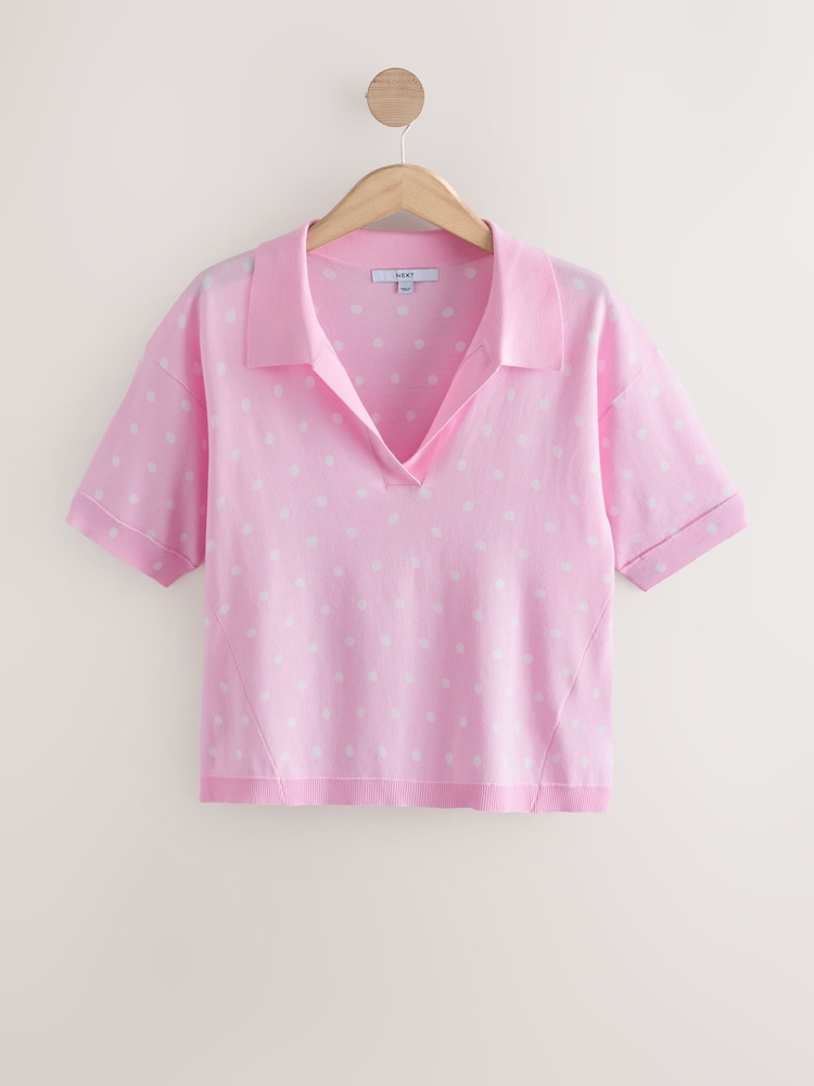 Light Pink Polka Dot - 棉质柔软针织Polo衫 - 3的图像1｝