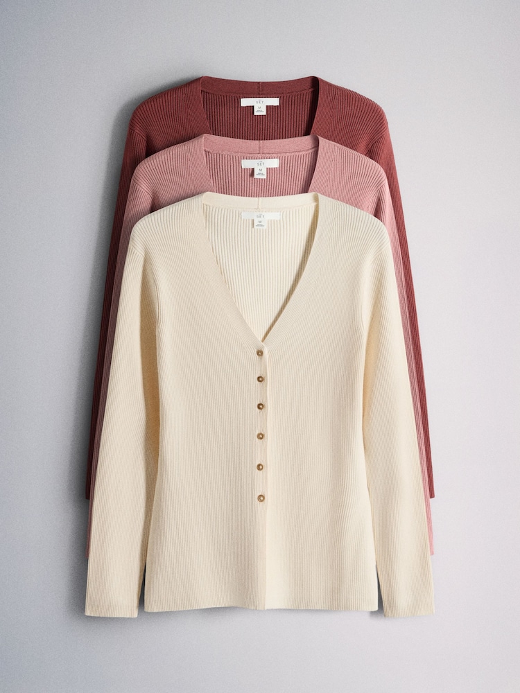 Brick Red/Pink/Cream - The Set 3 Pack V-Neck Buttoned Smart Longline Waisted Knit Cardigans - სურათი 1 6-დან