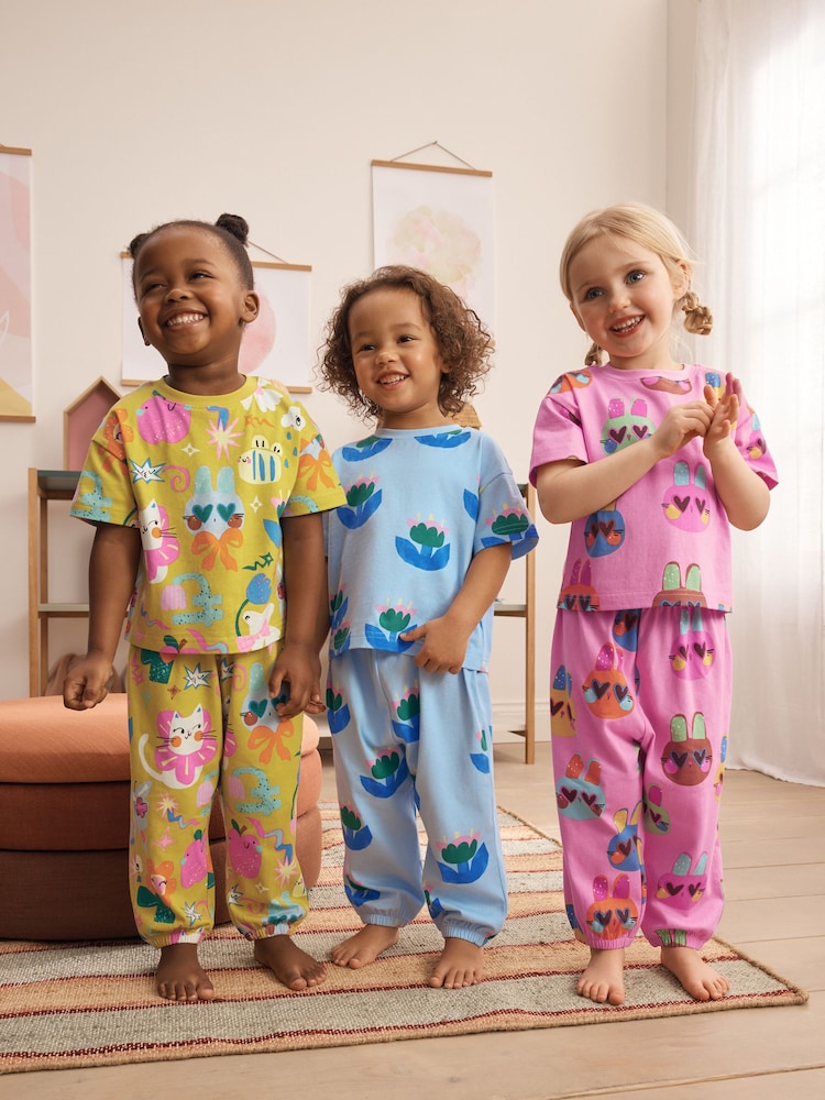 Çəhrayı/Mavi - Cat/Floral Jogger Pyjamas 3 Pack (9mths-10yrs) - 10şəkildən 1 şəkil