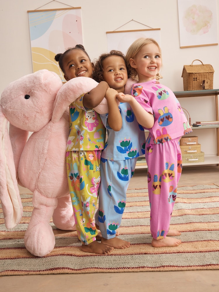 Çəhrayı/Mavi - Cat/Floral Jogger Pyjamas 3 Pack (9mths-10yrs) - 10şəkildən 2 şəkil