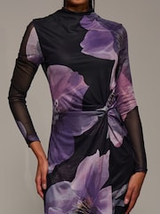 Jolie Moi Purple High Neck Long Sleeve Mesh Maxi Dress - Image 3 of 6