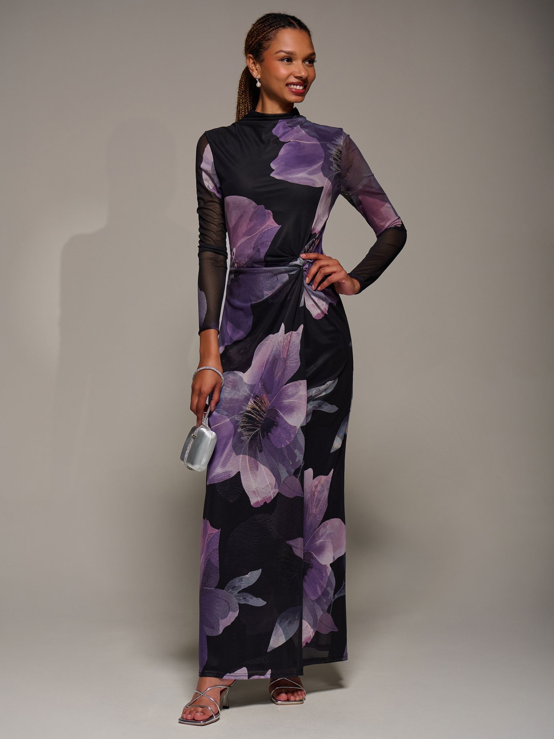 High neck long sleeve mesh velvet maxi dress