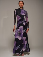 Jolie Moi Purple High Neck Long Sleeve Mesh Maxi Dress - Image 5 of 6