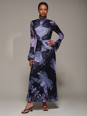 Jolie Moi Purple Ruffle Long Sleeve Mesh Maxi Dress - Image 1 of 6