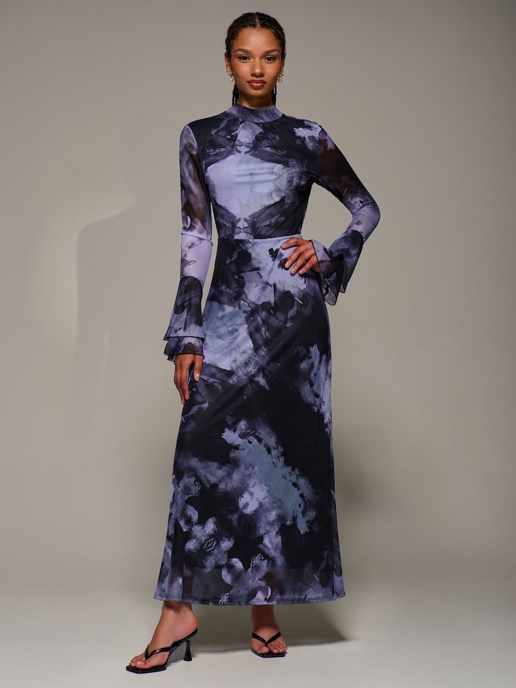 Jolie Moi Purple Ruffle Long Sleeve Mesh Maxi Dress - Image 1 of 6 Jolie Moi Purple Ruffle Long Sleeve Mesh Maxi Dress - Image 1 of 6