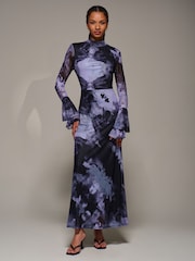 Jolie Moi Purple Ruffle Long Sleeve Mesh Maxi Dress - Image 2 of 6
