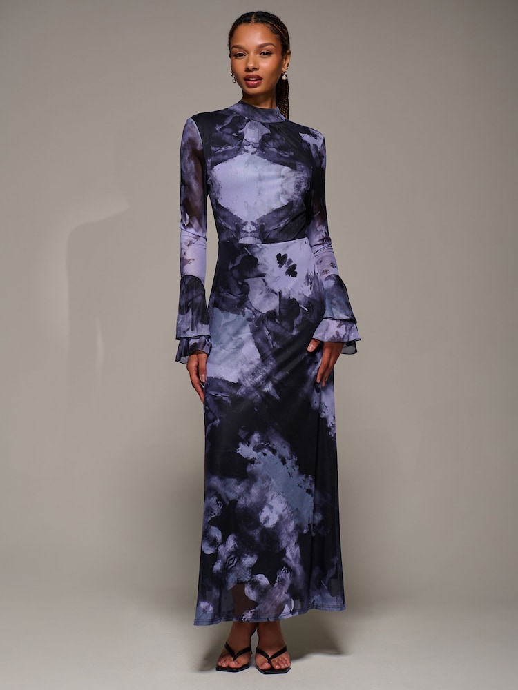 Jolie Moi Purple Ruffle Long Sleeve Mesh Maxi Dress - Image 6 of 6 Jolie Moi Purple Ruffle Long Sleeve Mesh Maxi Dress - Image 6 of 6