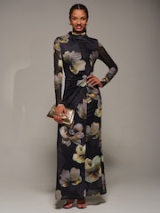 Jolie Moi Black High Neck Long Sleeve Mesh Maxi Dress - Image 1 of 6