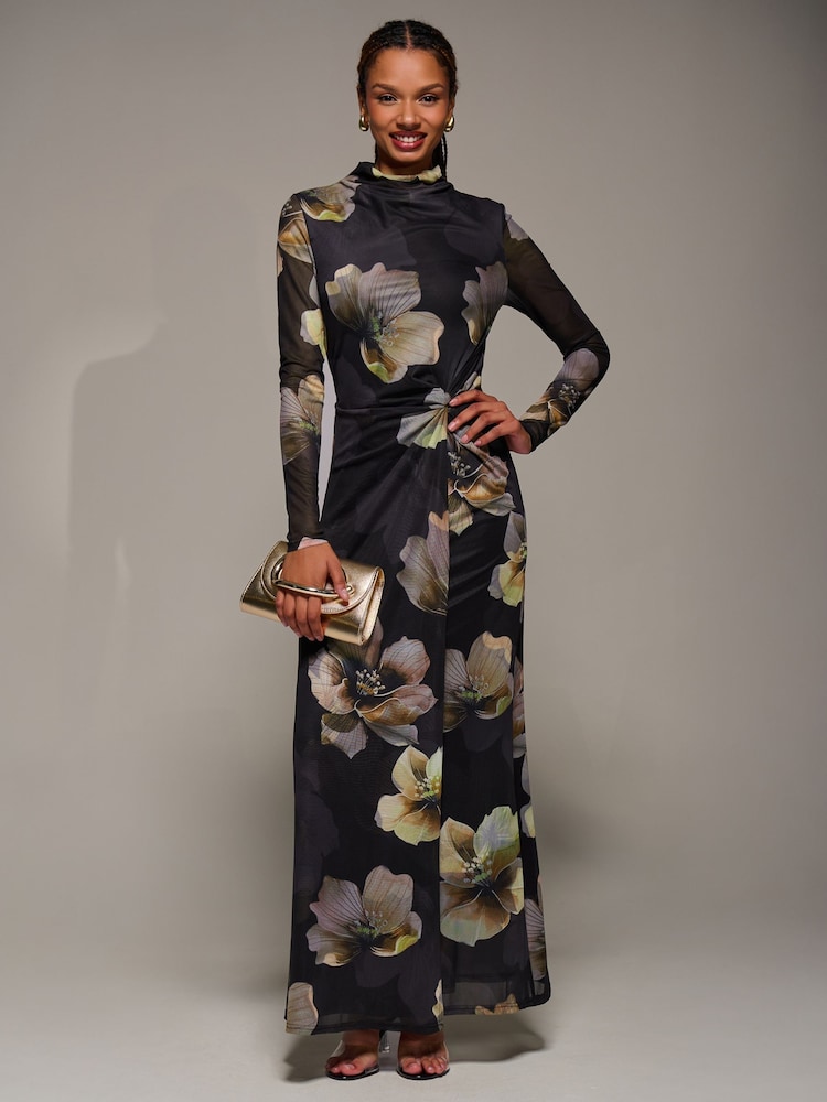 Jolie Moi Black High Neck Long Sleeve Mesh Maxi Dress - Image 1 of 6 Jolie Moi Black High Neck Long Sleeve Mesh Maxi Dress - Image 1 of 6