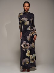 Jolie Moi Black High Neck Long Sleeve Mesh Maxi Dress - Image 4 of 6