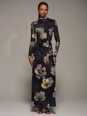 Jolie Moi Black High Neck Long Sleeve Mesh Maxi Dress - Image 5 of 6