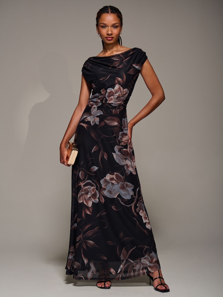 Jolie Moi Brown Asymmetric Neck Mesh Maxi Dress - Image 1 of 6 Jolie Moi Brown Asymmetric Neck Mesh Maxi Dress - Image 1 of 6