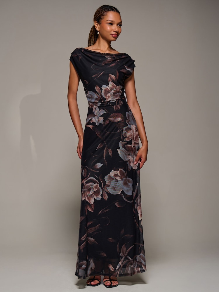 Jolie Moi Brown Asymmetric Neck Mesh Maxi Dress - Image 2 of 6 Jolie Moi Brown Asymmetric Neck Mesh Maxi Dress - Image 2 of 6
