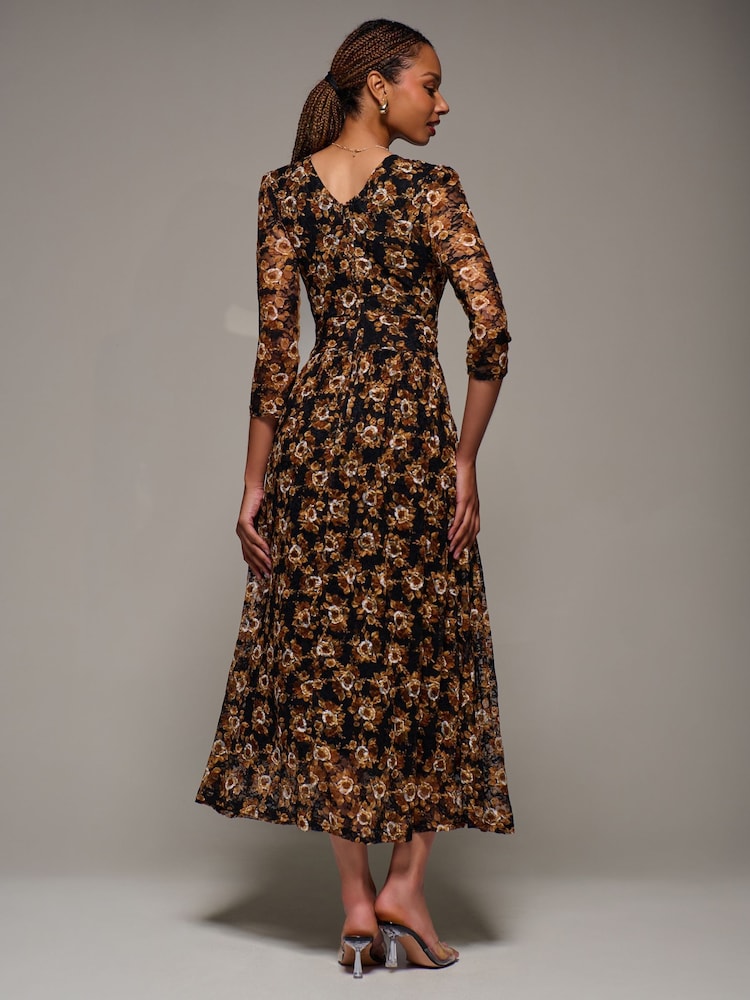 Jolie Moi Black Three Quarter Sleeve Printed Lace Maxi Dress - Image 2 of 6 Jolie Moi Black Three Quarter Sleeve Printed Lace Maxi Dress - Image 2 of 6