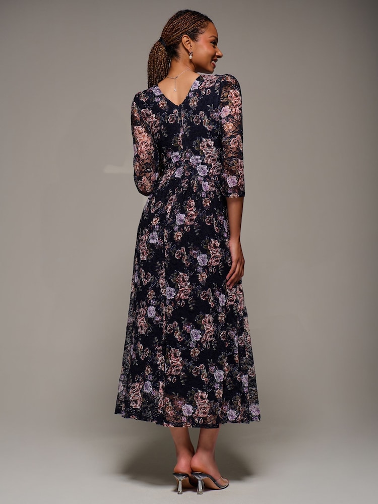 Jolie Moi Blue Three Quarter Sleeve Printed Lace Maxi Dress - Image 2 of 6 Jolie Moi Blue Three Quarter Sleeve Printed Lace Maxi Dress - Image 2 of 6