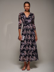 Jolie Moi Blue Three Quarter Sleeve Printed Lace Maxi Dress - Image 4 of 6