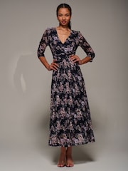 Jolie Moi Blue Three Quarter Sleeve Printed Lace Maxi Dress - Image 5 of 6