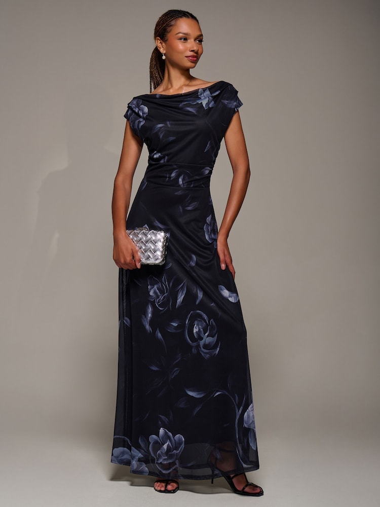 Jolie Moi Black Asymmetric Neck Mesh Maxi Dress - Image 1 of 6 Jolie Moi Black Asymmetric Neck Mesh Maxi Dress - Image 1 of 6