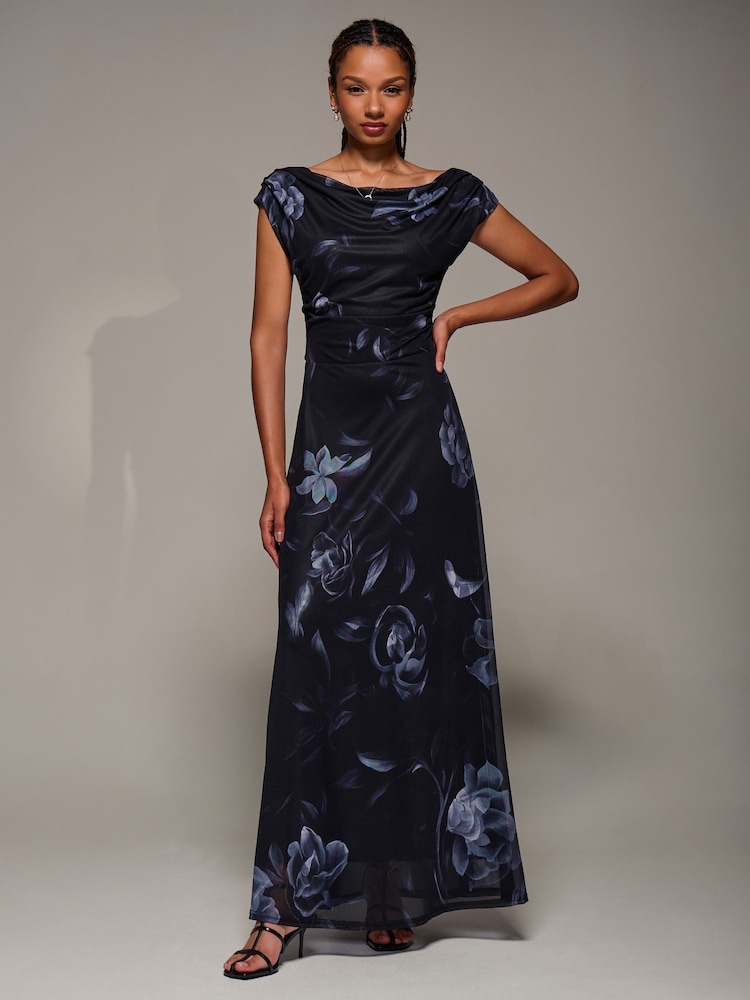 Jolie Moi Black Asymmetric Neck Mesh Maxi Dress - Image 6 of 6 Jolie Moi Black Asymmetric Neck Mesh Maxi Dress - Image 6 of 6