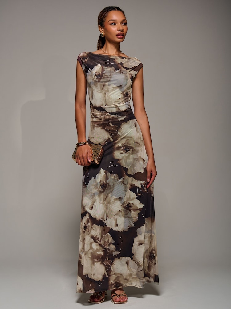 Jolie Moi Brown Multiway Neckline Mesh Maxi Dress - Image 2 of 6 Jolie Moi Brown Multiway Neckline Mesh Maxi Dress - Image 2 of 6