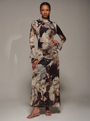 Jolie Moi Brown Ruffle Long Sleeve Mesh Maxi Dress - Image 1 of 6