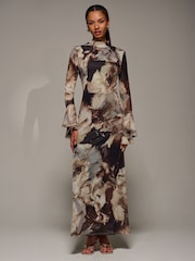 Jolie Moi Brown Ruffle Long Sleeve Mesh Maxi Dress - Image 2 of 6