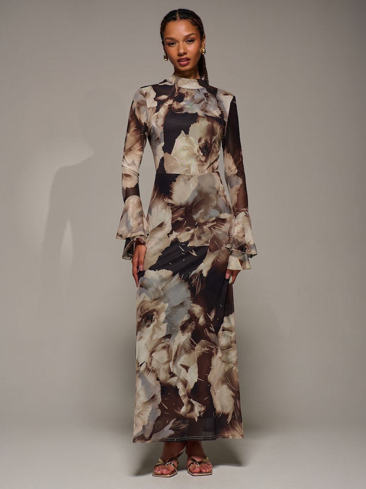 Jolie Moi Brown Ruffle Long Sleeve Mesh Maxi Dress - Image 2 of 6 Jolie Moi Brown Ruffle Long Sleeve Mesh Maxi Dress - Image 2 of 6