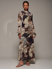 Jolie Moi Brown Ruffle Long Sleeve Mesh Maxi Dress - Image 5 of 6