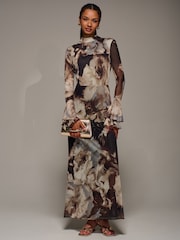 Jolie Moi Brown Ruffle Long Sleeve Mesh Maxi Dress - Image 6 of 6