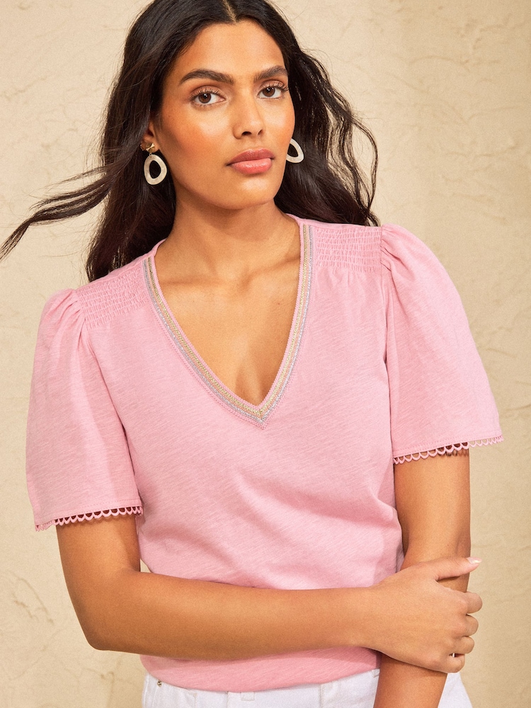 Love & Roses Blush Pink Embellished V-Neck Jersey T-Shirt - Image 1 of 4