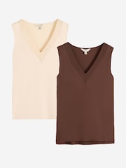 Love & Roses X2 Chocolate Brown and Ecru V-Neck Chiffon Trim Jersey Vest - Image 1 of 7