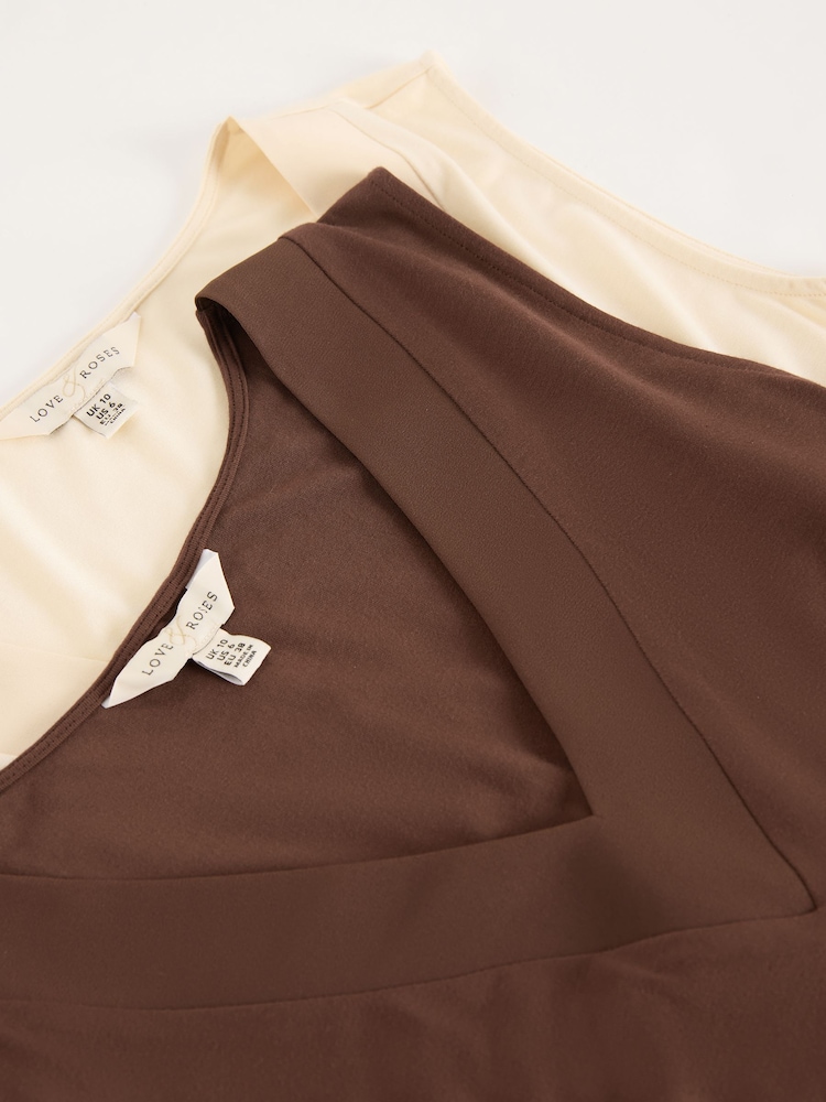 Love & Roses X2 Chocolate Brown and Ecru V-Neck Chiffon Trim Jersey Vest - Image 7 of 7