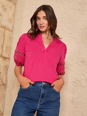 Love & Roses X2 Pink And Ivory Heart Lace Insert Notch Neck T-Shirt - Image 2 of 7