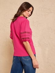 Love & Roses X2 Pink And Ivory Heart Lace Insert Notch Neck T-Shirt - Image 6 of 7