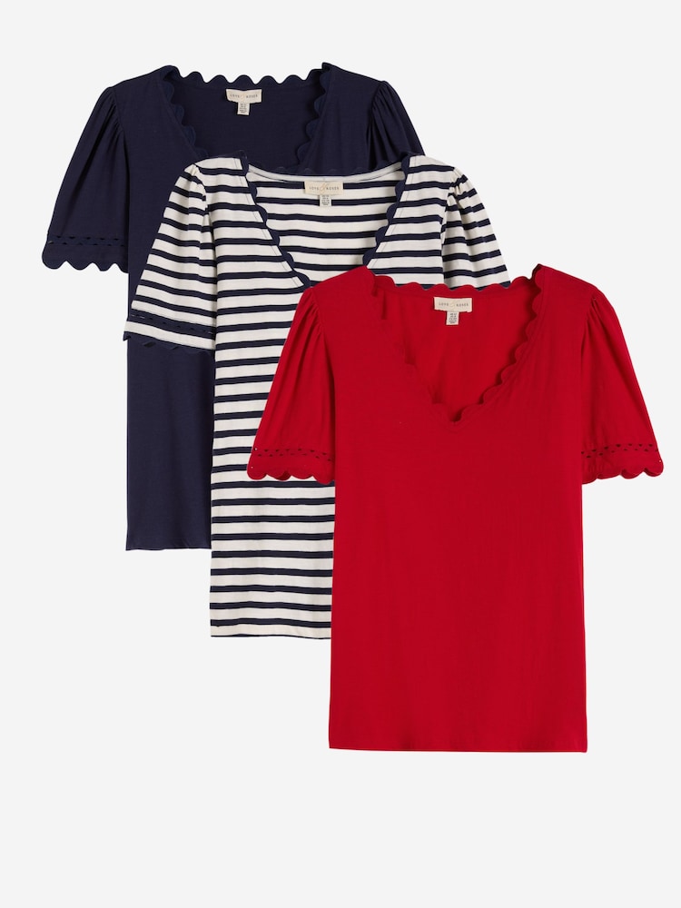 Love & Roses X3 Red Navy and Stripe Scallop V-Neck T-Shirt - Image 1 of 8