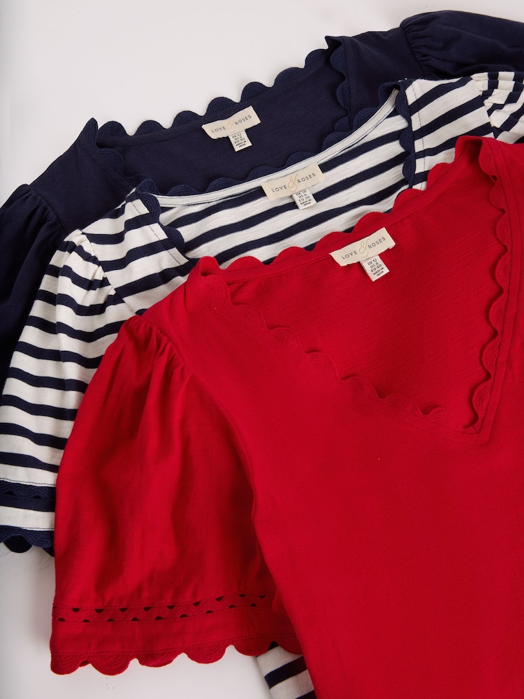 Love & Roses X3 Red Navy and Stripe Scallop V-Neck T-Shirt - Image 2 of 8