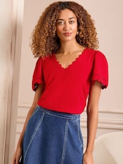 Love & Roses X3 Red Navy and Stripe Scallop V-Neck T-Shirt - Image 5 of 8