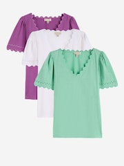Love & Roses X3 Purple Aqua And Ivory Scallop V-Neck T-Shirts 3 Pack - Image 1 of 8