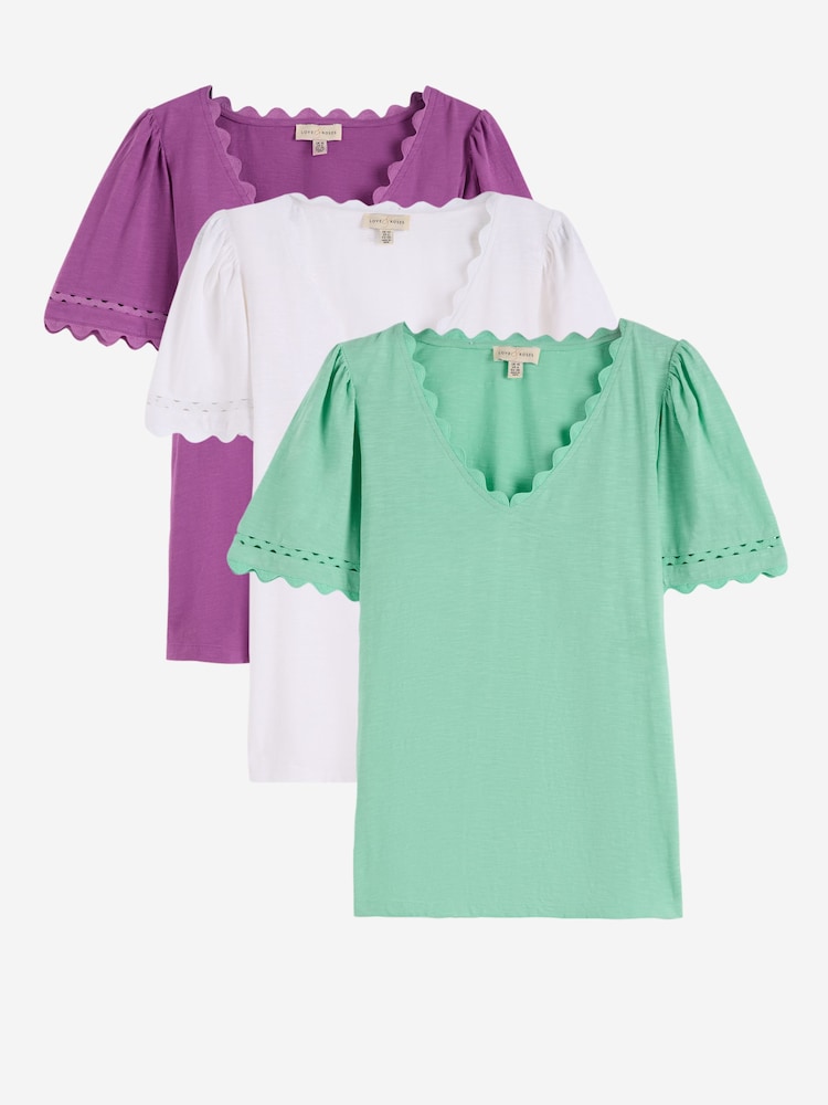 Love & Roses X3 Purple Aqua And Ivory Scallop V-Neck T-Shirts 3 Pack - Image 1 of 8