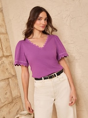 Love & Roses X3 Purple Aqua And Ivory Scallop V-Neck T-Shirts 3 Pack - Image 2 of 8