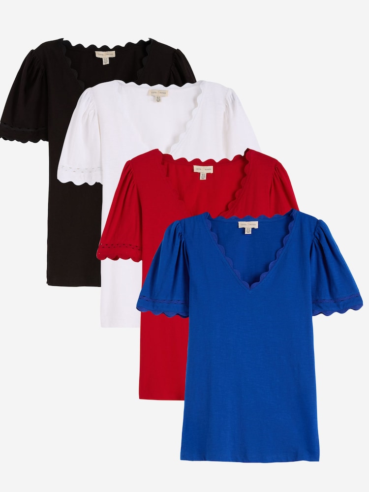 Love & Roses X4 Navy Red Ivory And Colbalt Blue Scallop V-Neck T-Shirt - Image 1 of 8