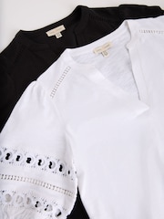 Love & Roses X2 Black and White Heart Lace Insert Notch Neck T-Shirt - Image 2 of 7