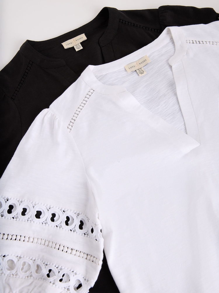 Love & Roses X2 Black and White Heart Lace Insert Notch Neck T-Shirt - Image 2 of 7